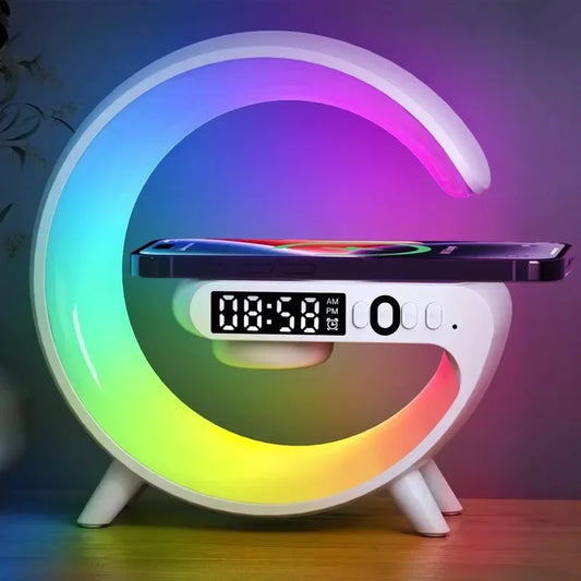 Fast Wireless Charger Desktop Stand Bluetooth Speaker TF Clock RGB Atmosphere Light Lamp For iPhone Samsung